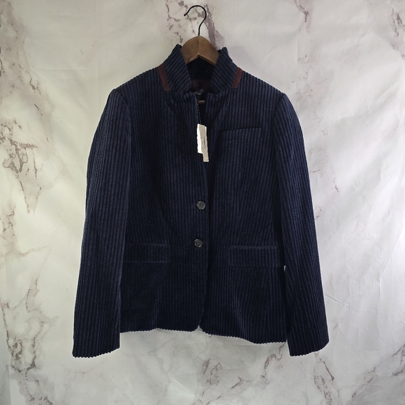 J Crew Blazer Women Large 12 Blue Brown Corduroy 2 Button Jacket Wale - Picture 1 of 13